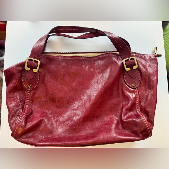 Vintage Frye leather zip tote satchel cherry red leather boho - Picture 2 of 16